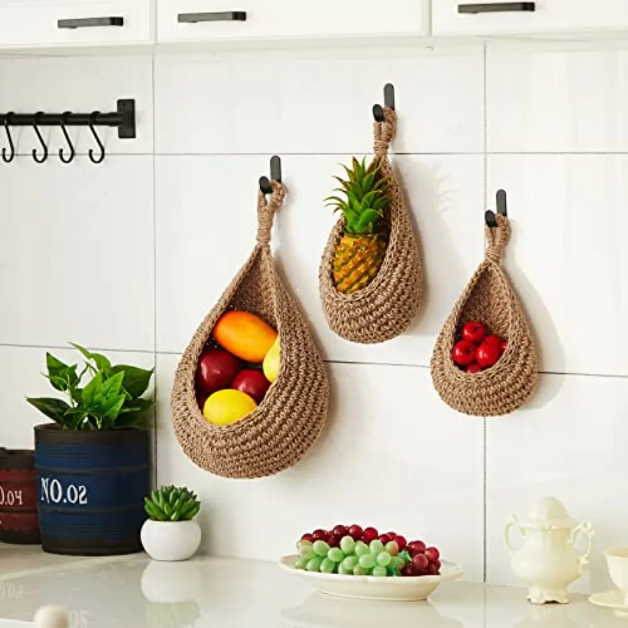 Boho Decor Hanging Wall Baskets for Kitchen 3 Pack Baskets Hooks Storage Fruit Onion Vegetable Potato for Home 3 Sizes view 5