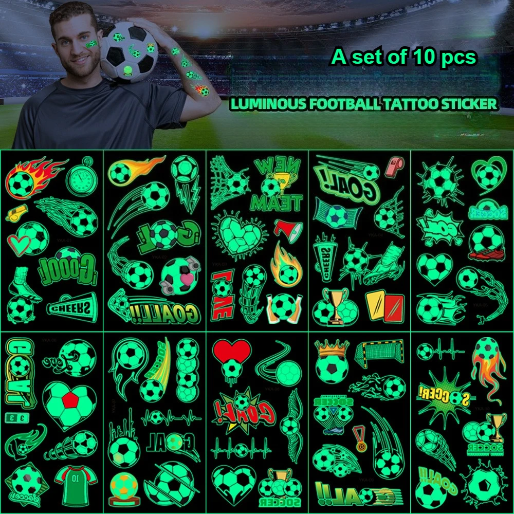 

New 10pcs Luminous Tattoos Stickers Football Soccer Fan Fake Tattoo Sticker Temporary Tattoo Sticke Rwaterproof Party Gift Funny