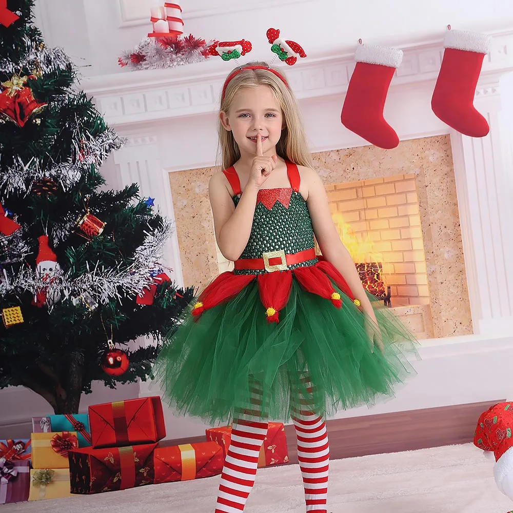 

Children's Clothing Christmas Costume Green Mesh Dress+Headband+Socks 3Pcs Girl Princess Dress Green Xmas Girls Party Dresses