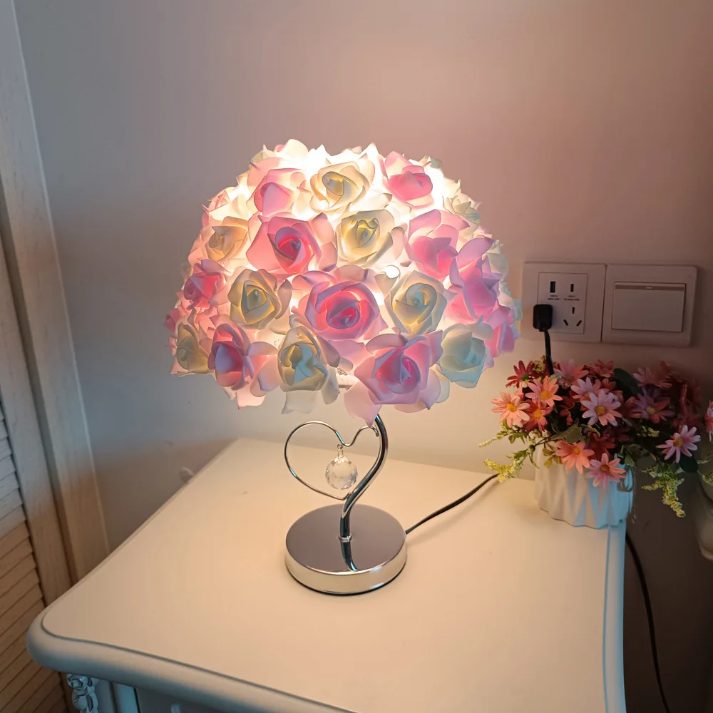 

Romantic Decorative Silver Pole Heart Wing Umbrella Rose LED Table Lamp Ambient Lighting Fixture for Bedroom Bedside