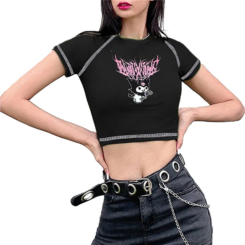 Gothic Graphic Printed T-Shirt For Ladies Harajuku Short Sleeve Crop Top Angels And Demons Print Tee Tops Women