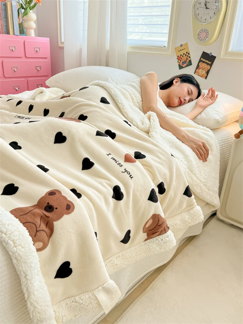 Cartoon Bear Milk Velvet Sofa Throw Blanket, Love Pattern Adult Children Bedroom Decorative Bed Blanket, Office Nap Blankets