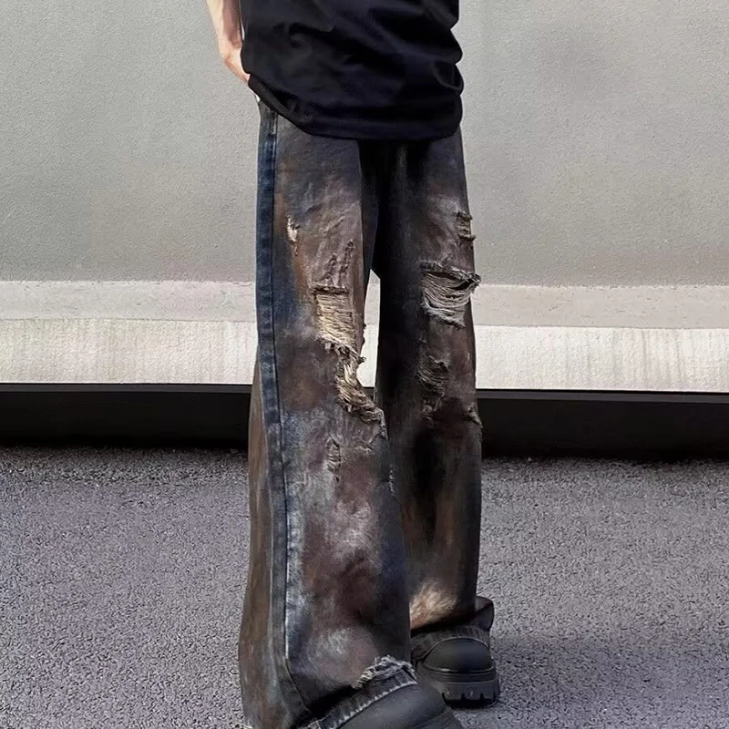 WTHT Vintage Heren Tie-dye Gat Burr Edge Doen Oude Denim Broek Mode Amerikaanse Stijl Rechte Wijde Pijpen Jean Mannelijke 2025 Zomer 2A1116
