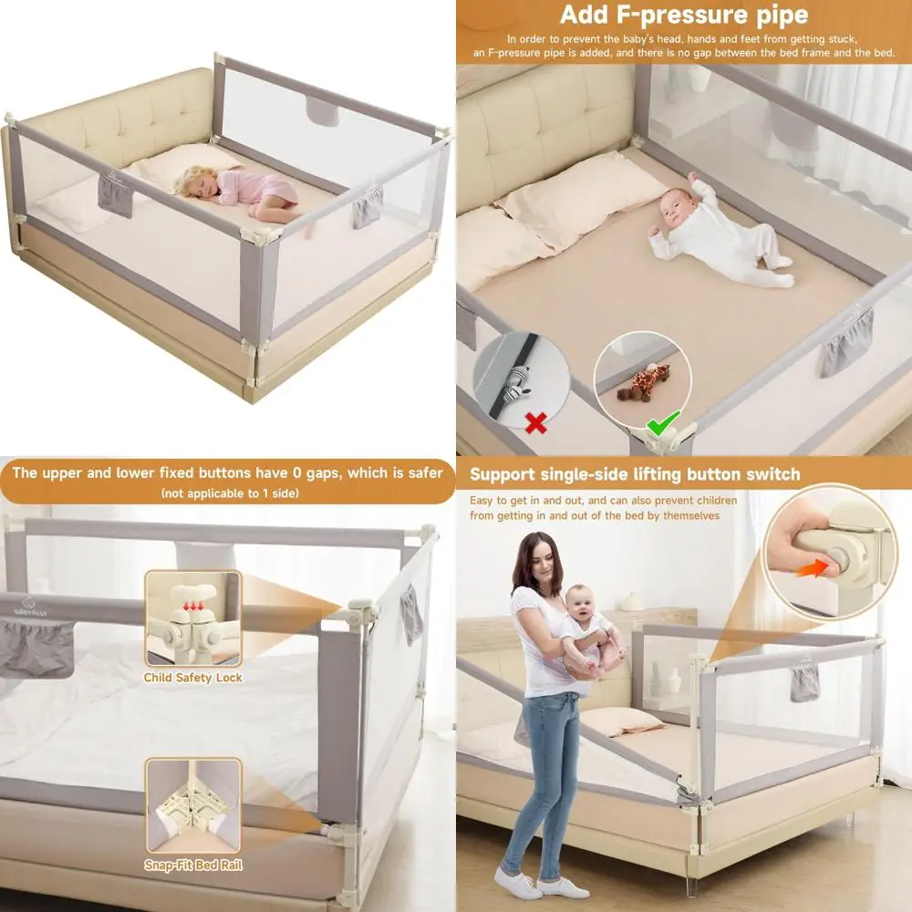 حاجز سرير مجمع سريعًا للأطفال، قضبان سرير للأطفال الصغار قابلة للطي، واقي حاجز سرير قابل لضبط الارتفاع، ثابت وآمن للحجم الملكي