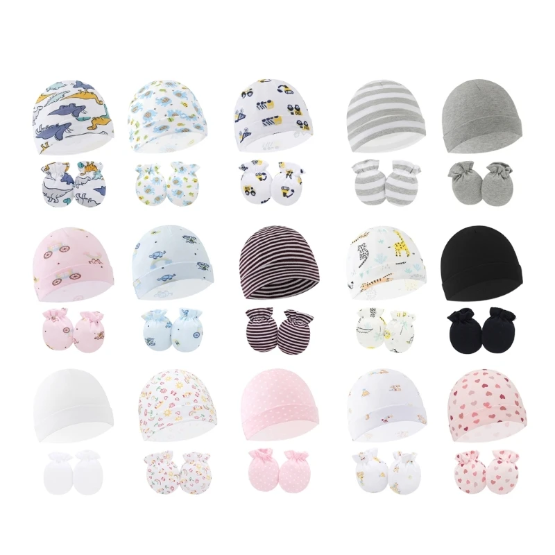 2024 New Newborn Baby Hat with Gloves for 0-6 Months Boy Girl Beanie  Cotton Stretchy Mittens Soft Headwear Baby-Shower Gift