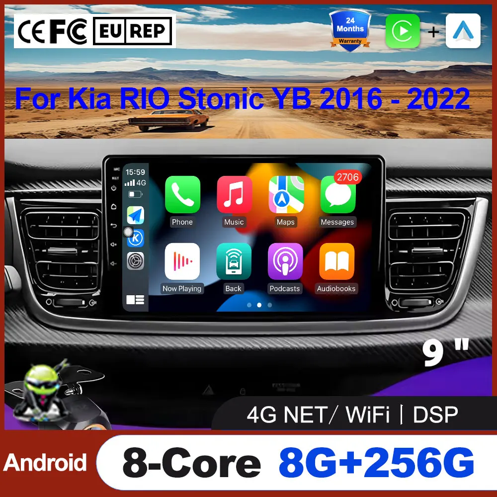 Android 16 Carplay Auto Car Radio For Kia RIO Stonic YB 2016 2017 2018 2019 2020 2021 2022 GPS Multimedia Video Player Stereo BT