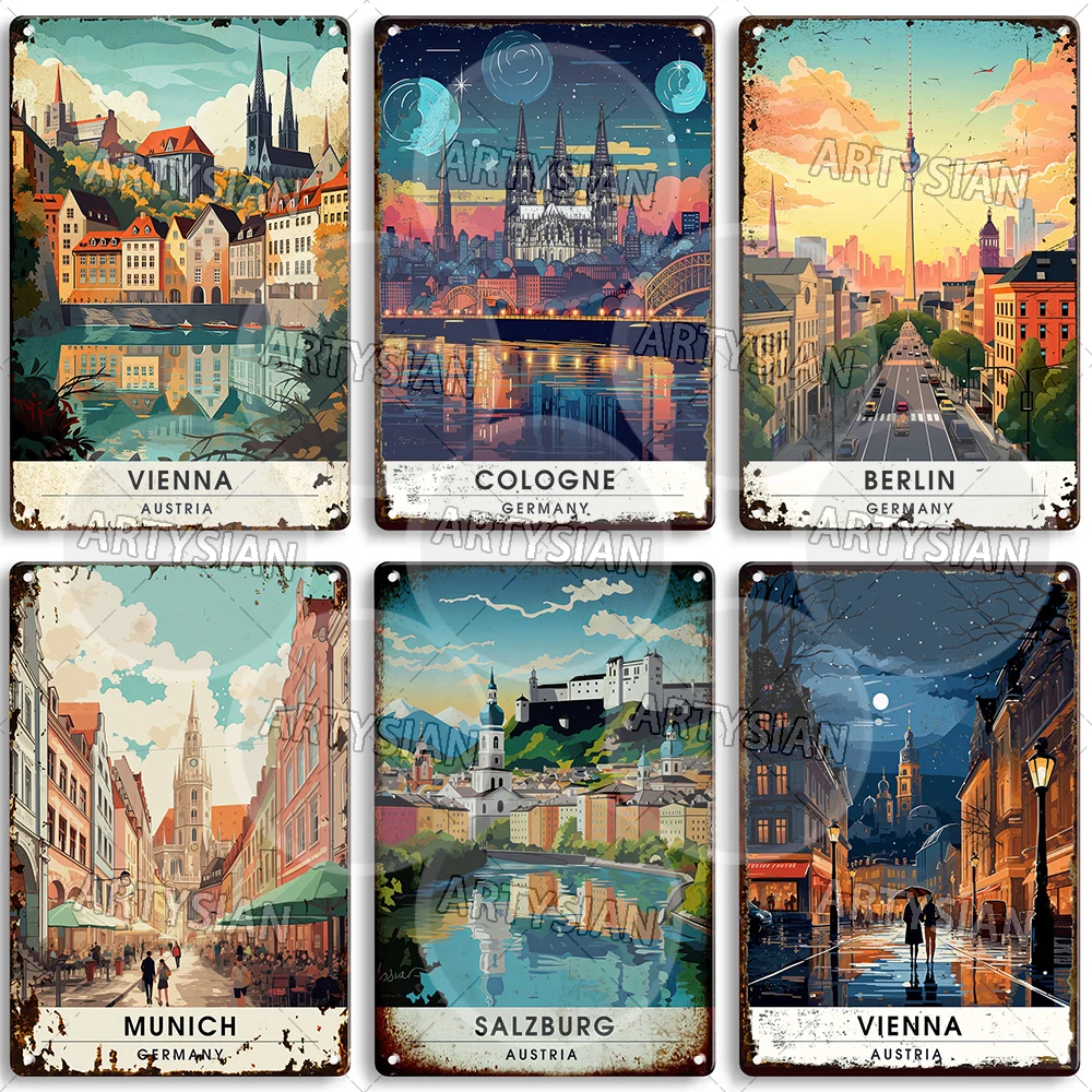 النمسا الأوروبية ألمانيا السفر سيتي سكيب علامة معدنية ميونيخ فيينا برلين كولونيا سالزبورغ لوحة معدنية #3