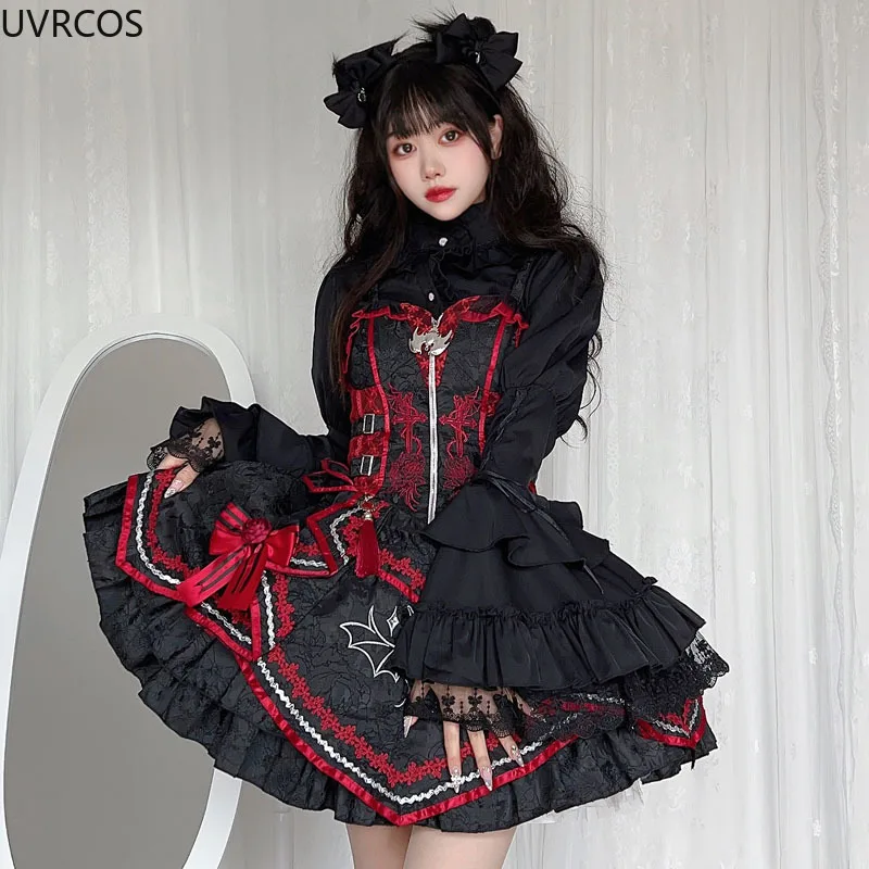 Gothic Y2k Lolita Style Shirts Women Kawaii Ruffled Collar Flare Long Sleeves Blouse Female Japanese Victorian Vintage Slim Tops