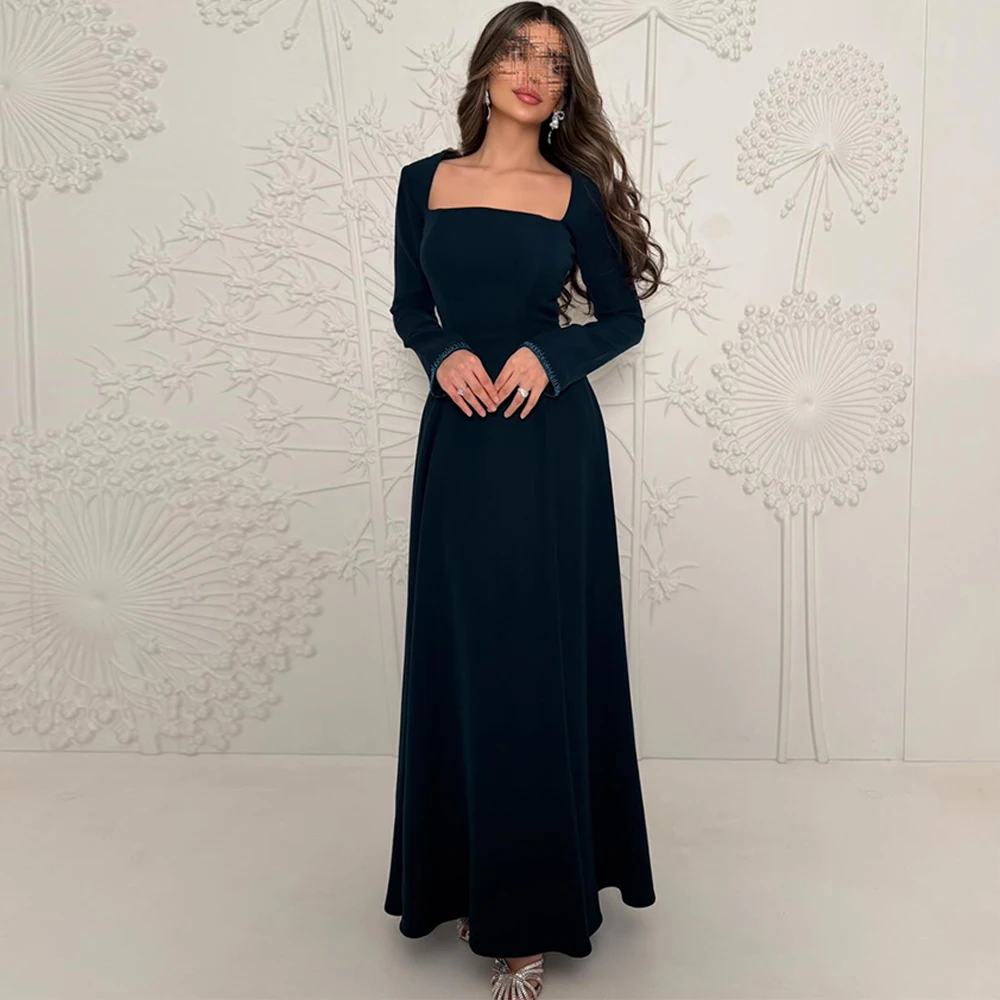 

Simple Jersey Square Collar Evening Dress Delicate Zipper Back Prom Dresses Luxury Long Sleeves Customized Celebrity Gowns