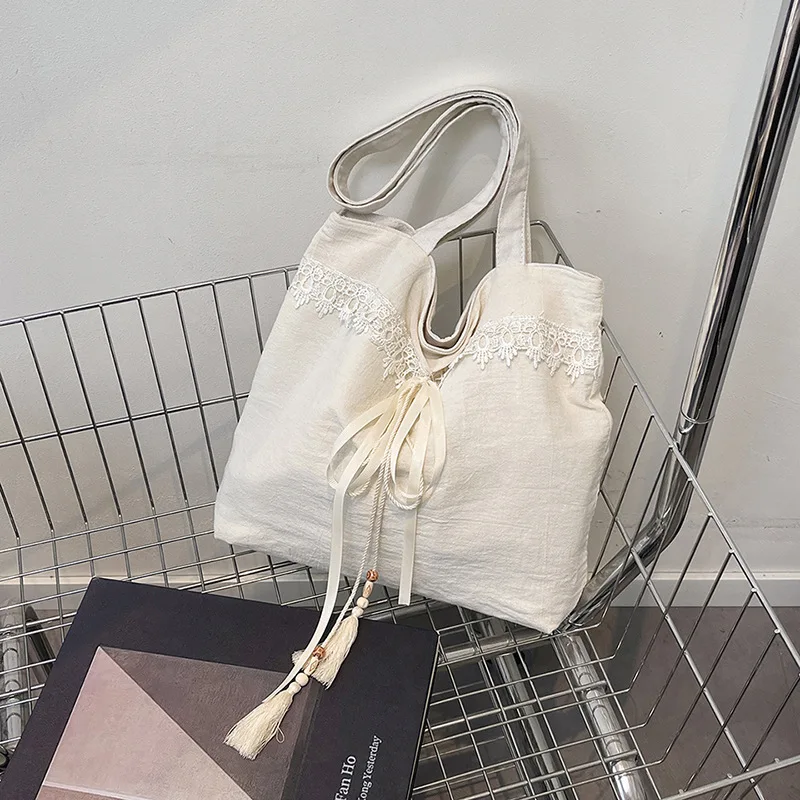

HAEX Vintage Artistic Tote Bags Women 2025 Casual Daily Light Commute Shoulder Bag Female Trend Designer Lace Tassel Bolso Mujer