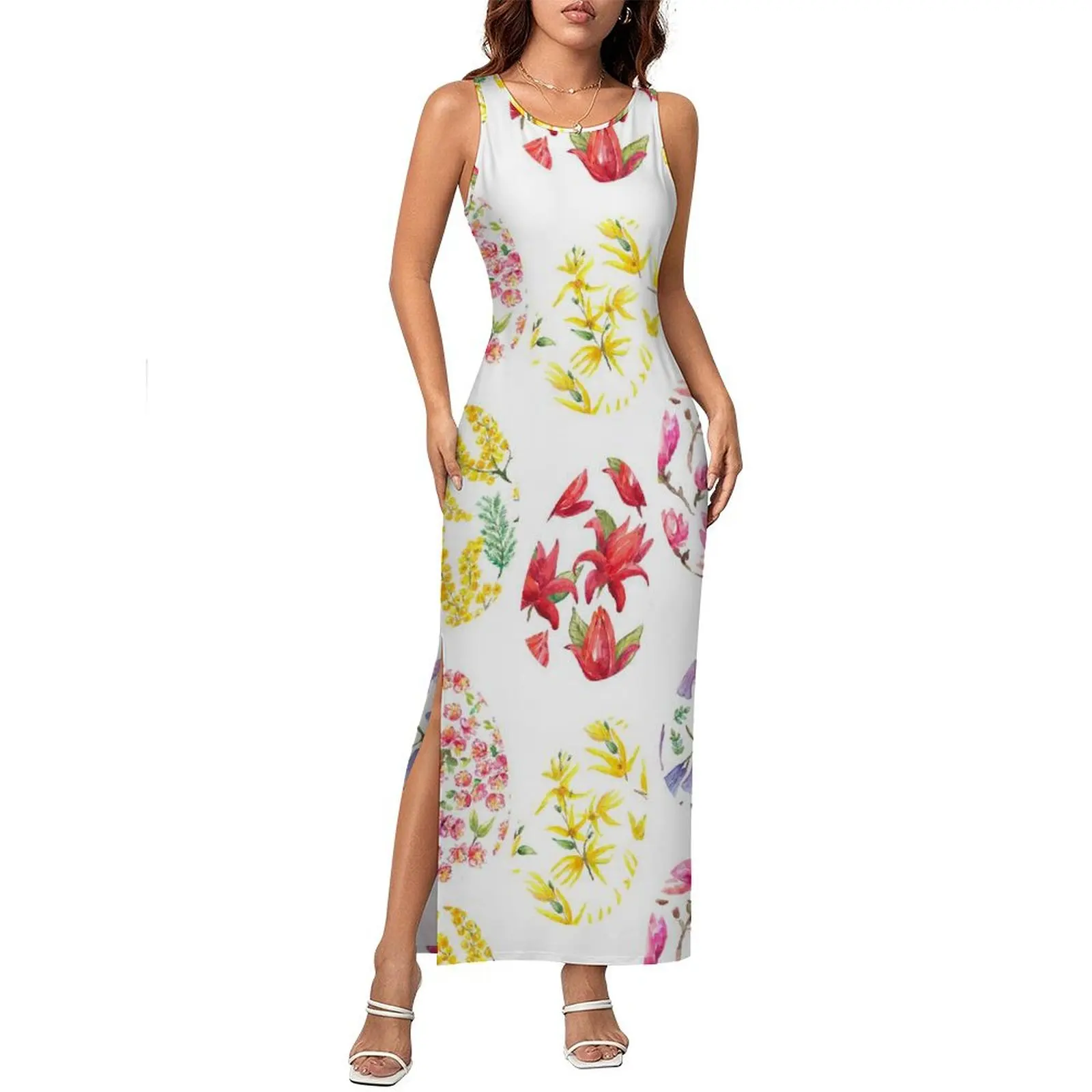 فستان عيد الفصح بدون أكمام بيض زهرة طباعة فنية فساتين ماكسي عصرية صيفية كورية موضة مخصصة فستان ضيق مقاس كبير 3XL 4XL