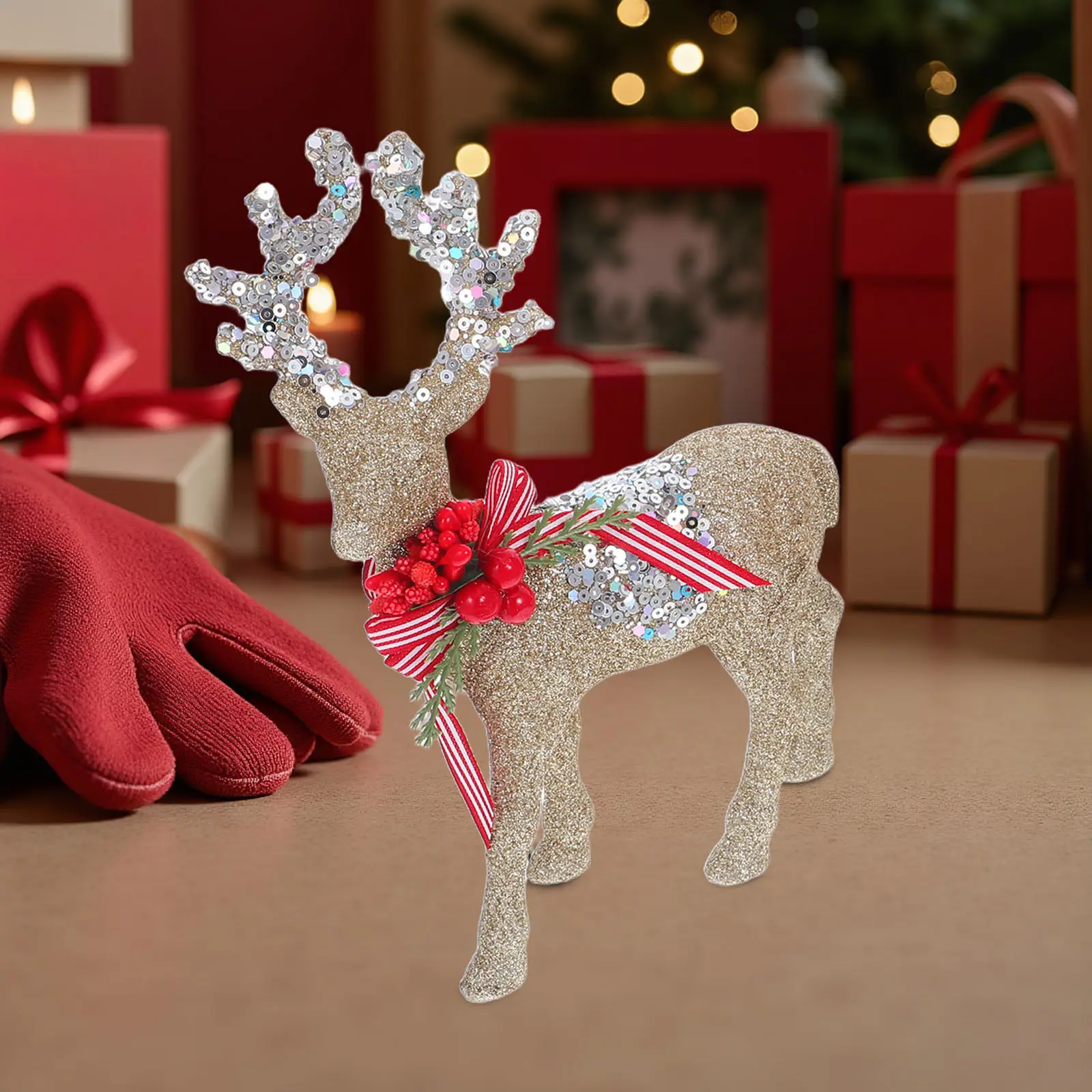 1Pair Christmas Reindeer Statue Plastic Flocking Standing Deer Sculpture for Fireplace Mantle Table Centerpiece Decoration