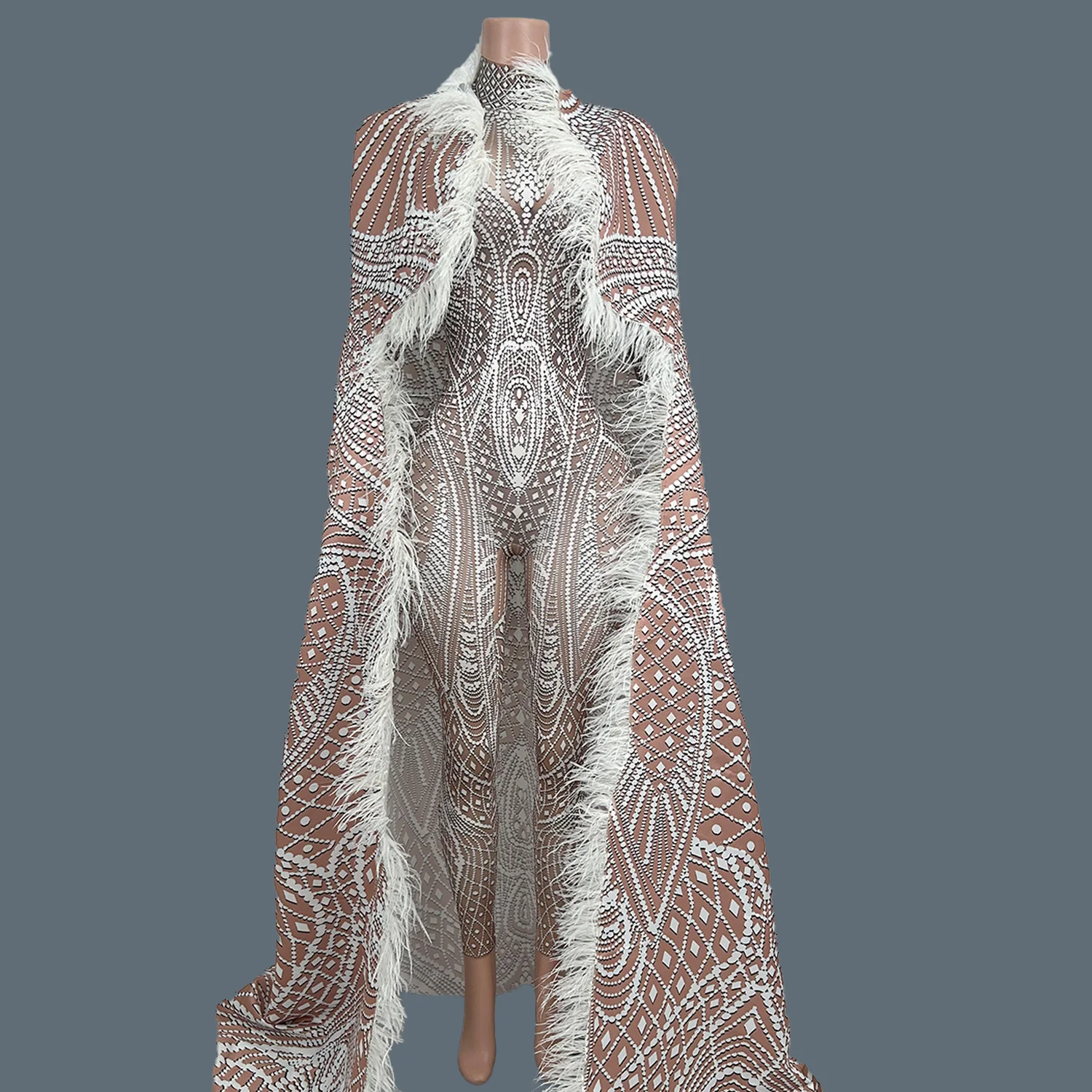 

Fashion White Printed Tight Jumpsuit with Feather Long Cloak Unisex Stage Performance Dance Costume Set for Men And Women Xuenv