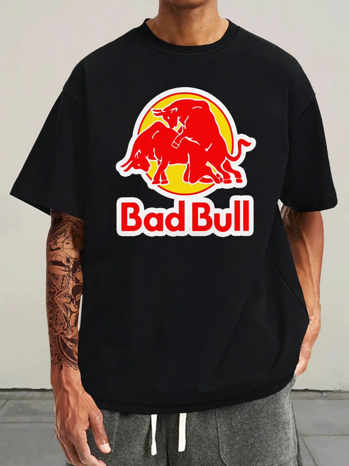 

Bad Bull Men's Pattern T-Shirt - Bold Bull Print and Logo Design, Lightweight Polyester Fabric, Regular Short Sleeve