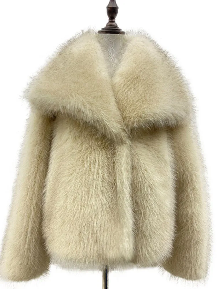 طويل الشعر النساء الشتاء فرو المنك سترة كبيرة التلبيب طوق زر الإناث الفراء الاصطناعي أبلى سميكة الحرارية سيدة معطف الفرو البيئي #1