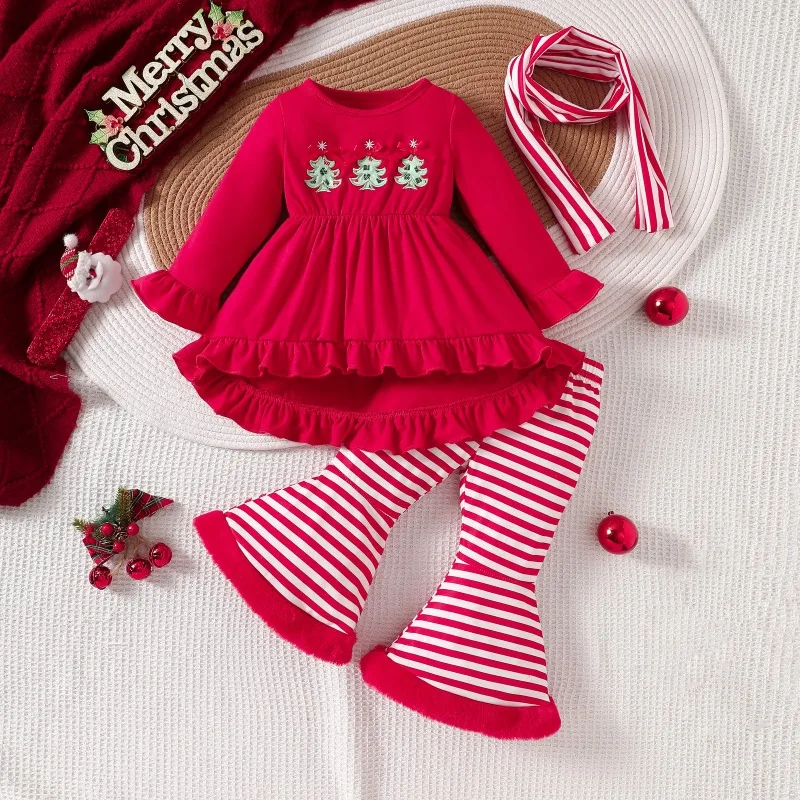 Baby Girl Christmas Red Dress Tree Embroidery Striped Tights Holiday Outfit Newborn Infant Toddler Clothes