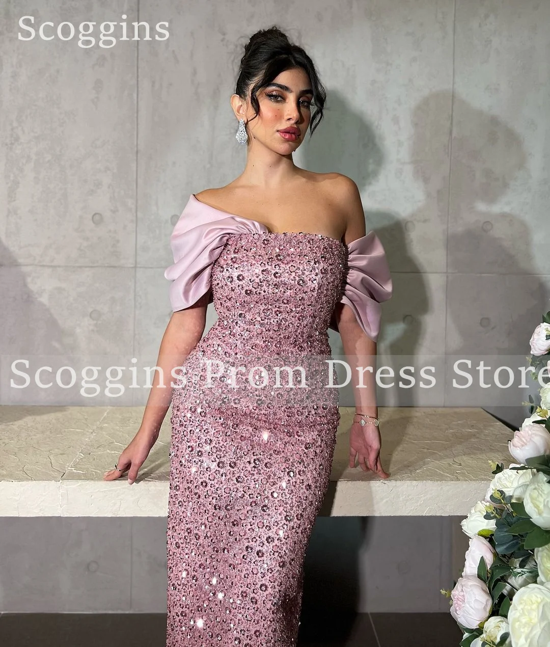 Scoggins Column Sequins Off-The-Shoulder Neckline Floor-Length Bow Dresses For Special Events Evening Dresses Prom Dresses Dress