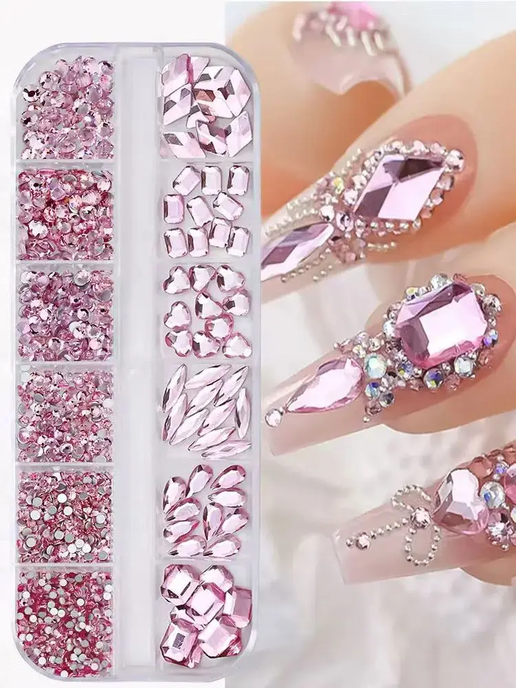 

12-Grid Pink Nail Rhinestones Kit - Mixed Gems for DIY Manicure, Wedding/Festival Nail Decor, Salon/Home Supplies