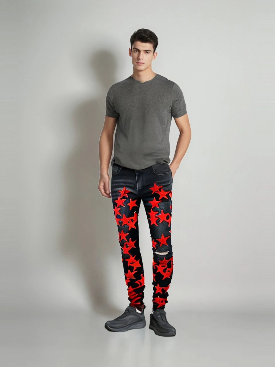 

Men's Fashion Cool Designer Slim Fit Black Jeans Ripped Splicing Leather Red Star Stretch Holes Jeans A885