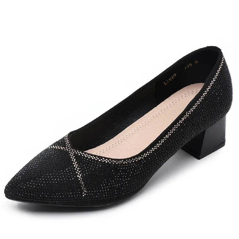 Genuine Leather Woman Shoes Pointed Toe Rhinestone Pumps Thick Heel Party Wedding Shoes Female Loafers Ladies Dress High Heels