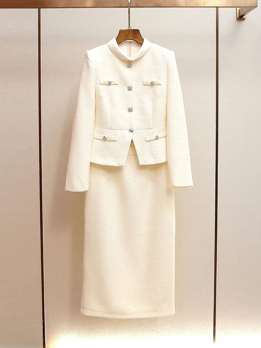 VGH Temperamento solido Dimagrante Set a due pezzi per le donne Girocollo Manica lunga Top Gonna a vita alta Autunno Chic Set femminile Nuovo