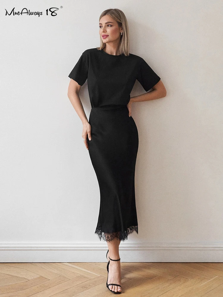 Mnealways18 Black Elegant Fishtail Skirts For Women Patchwork Lace High Waist Long Skirts Office Ladies Spring Summer 2024 Midi