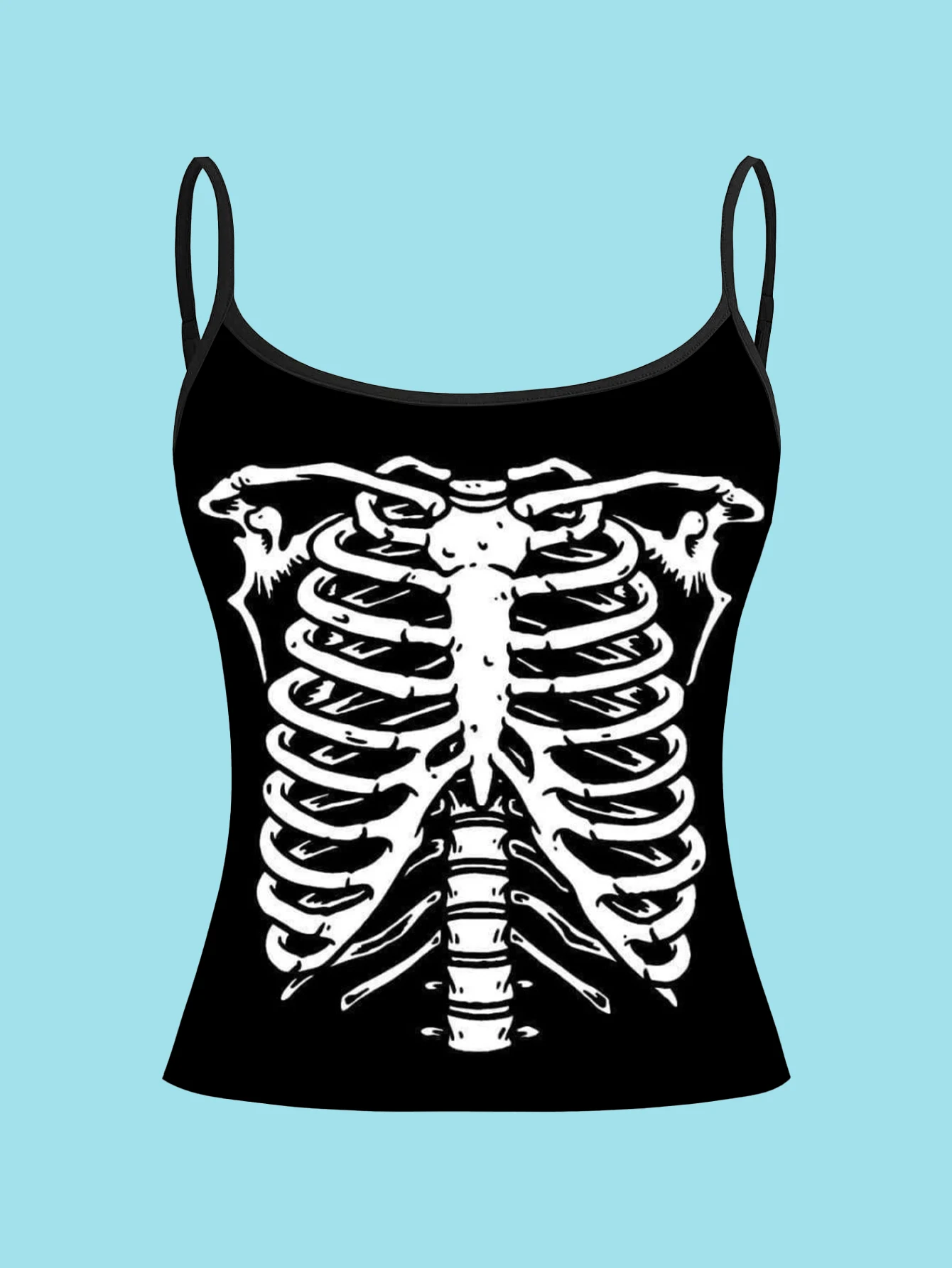 4-Piece Set of White Skeleton Print Camisoles, Dark Hand-Painted Human Skeleton Design, Slim-Fit Spaghetti Strap Sleeveless Tops for Women, Suitable for Outerwear or Layering