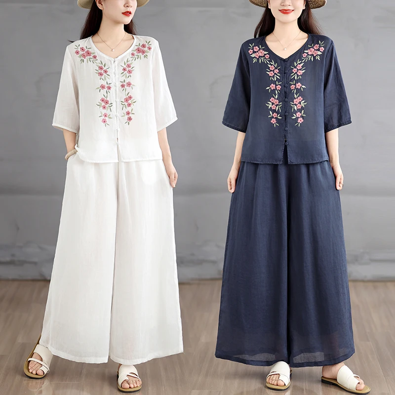 

plus Size Women's Cotton Linen Suit Shirt Top Wide Leg Pants Two Piece Set Spring Summer New Style Commute Artistic Style