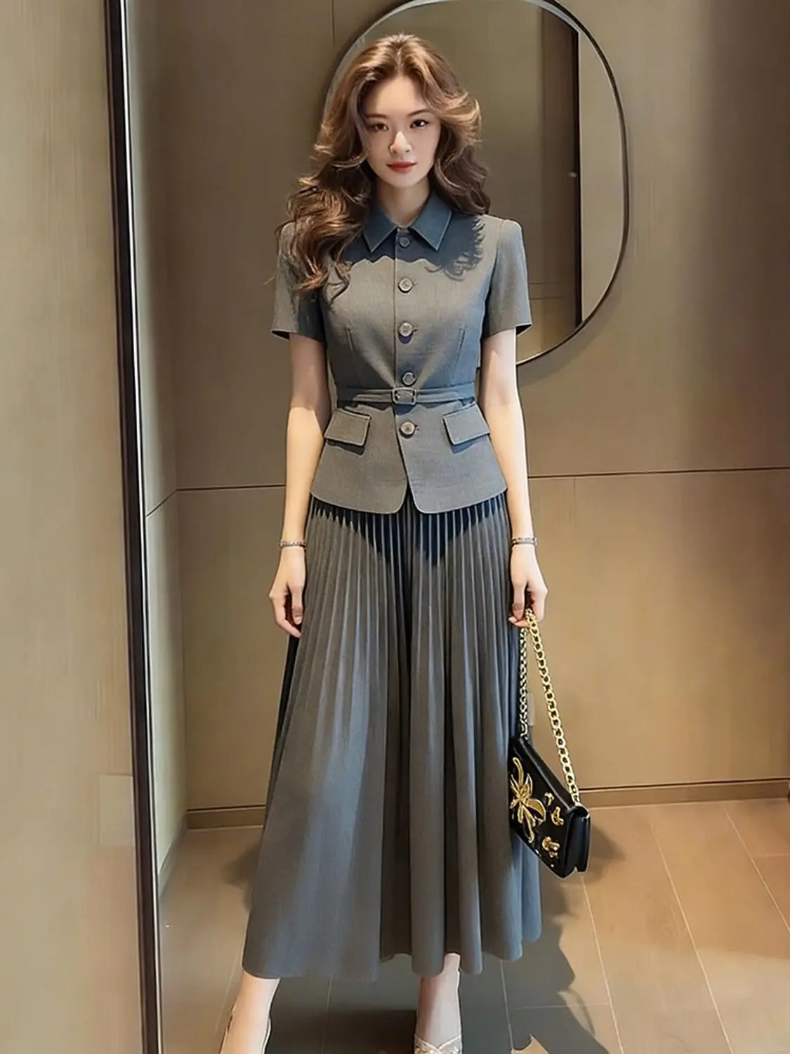Women's Casual Two-Piece Grey Set Square Neck Short Sleeve Blouse + High Waist Pleated Mesh Skirt Elegant Commuter Outfit