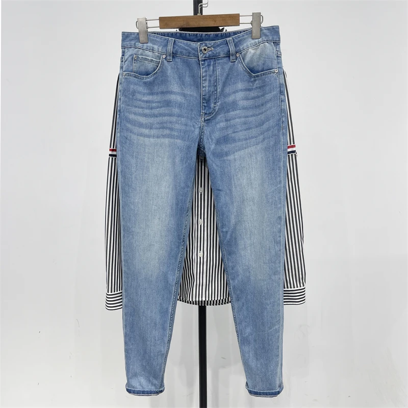 

Cooling Cotton Slim Fit Summer Lightweight Blue Waed Denim Jeans Elastic Waist Casual Pants for Men Youth Trend