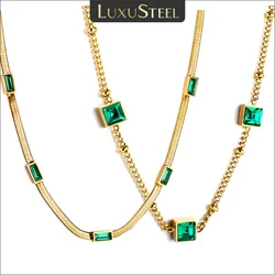 LUXUSTEEL Stainless Steel Cubic Zircon Pendant Necklace For Women Girls Elegant Green Stone Crystal Charm Snake Chain Choker