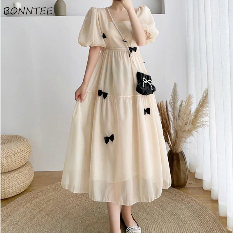 

Short Sleeve Midi Dress Women Bow Elegant Spring Temper Aesthetic Gentle Vintage Sweet Transparent Square Collar French Style