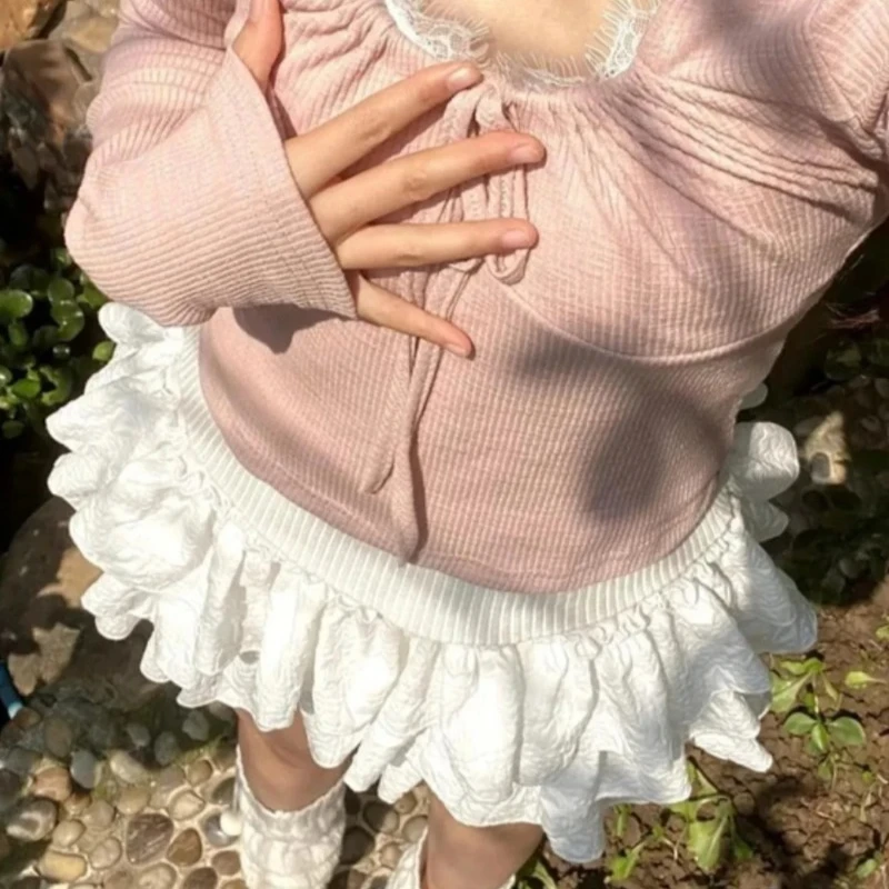 Kawaii Ball Gown Short Skirt Pleated Ruffles Layered High Waist Solid Mini Cake Skirts Lolita Girl Sweet Cute Elastic Waist  Y2K