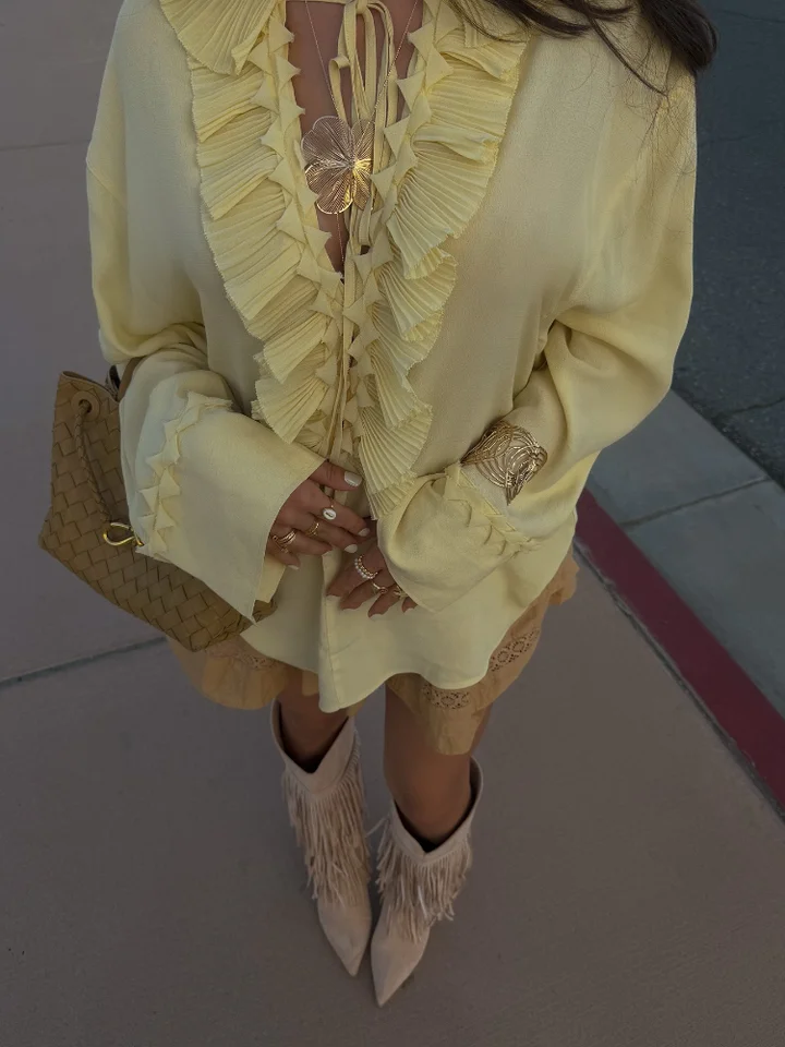 Women Yellow Chiffon Ruffle Blouse Summer Loose Top