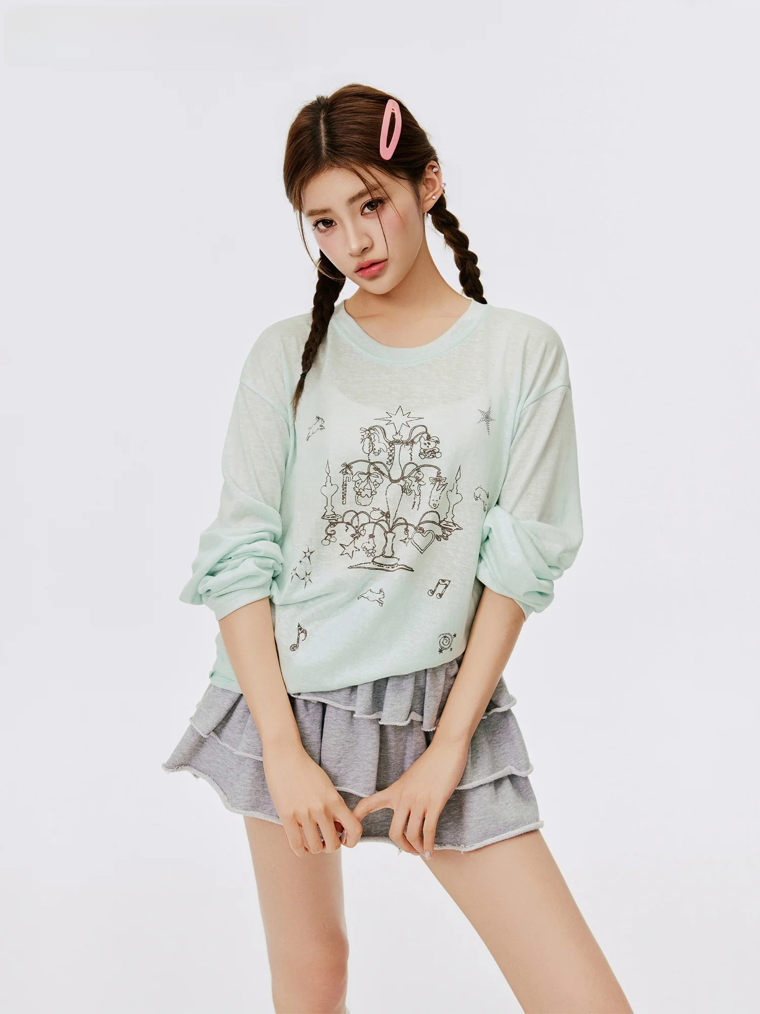 

Легкая женская футболка с длинными рукавами, синий топ в корейском стиле, свободный крой, защита от солнца, летняя повседневная одежда