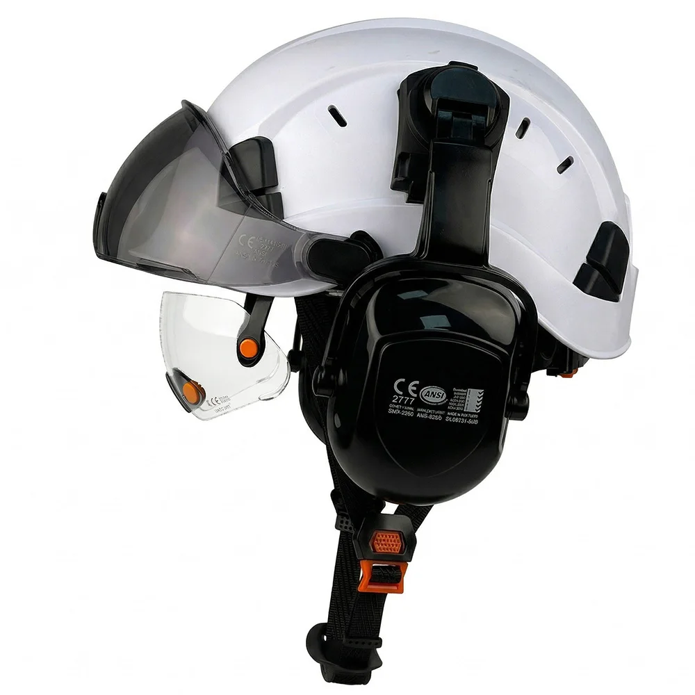 

CE Construction Safety Helmet Vented ABS Hard Hat with Built-in Visor Goggles Earmuffs Industrial Worksite Head Protection ANSI