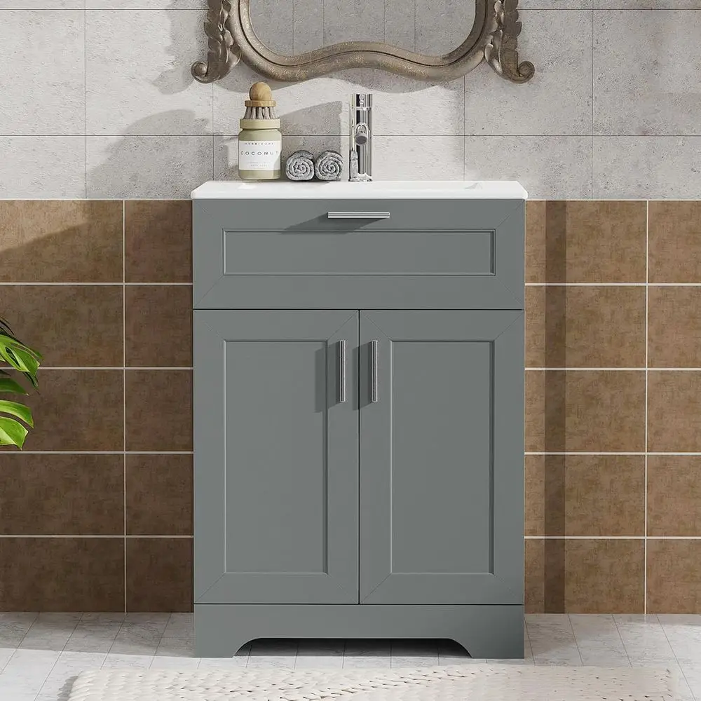 طقم مكون من 24 قطعة من الخشب الرمادي مع حوض سيراميك وتخزين مخفي