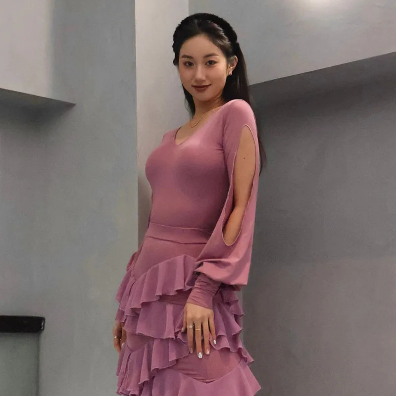 새로운 볼룸 댄스 의상 핑크 슬릿 긴 소매 레오타드 연습 탑 왈츠 댄스 연습복 룸바 라틴 살사 탑 BL18291