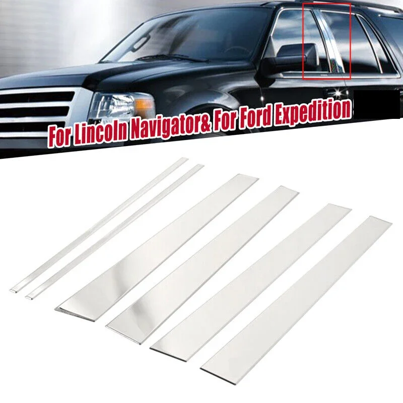 

6Pcs For Lincoln Navigator Ford Expedition 1997-2017 BC Column Pillar Posts Stickers Car Door Window Cover Silver Chrome Trim