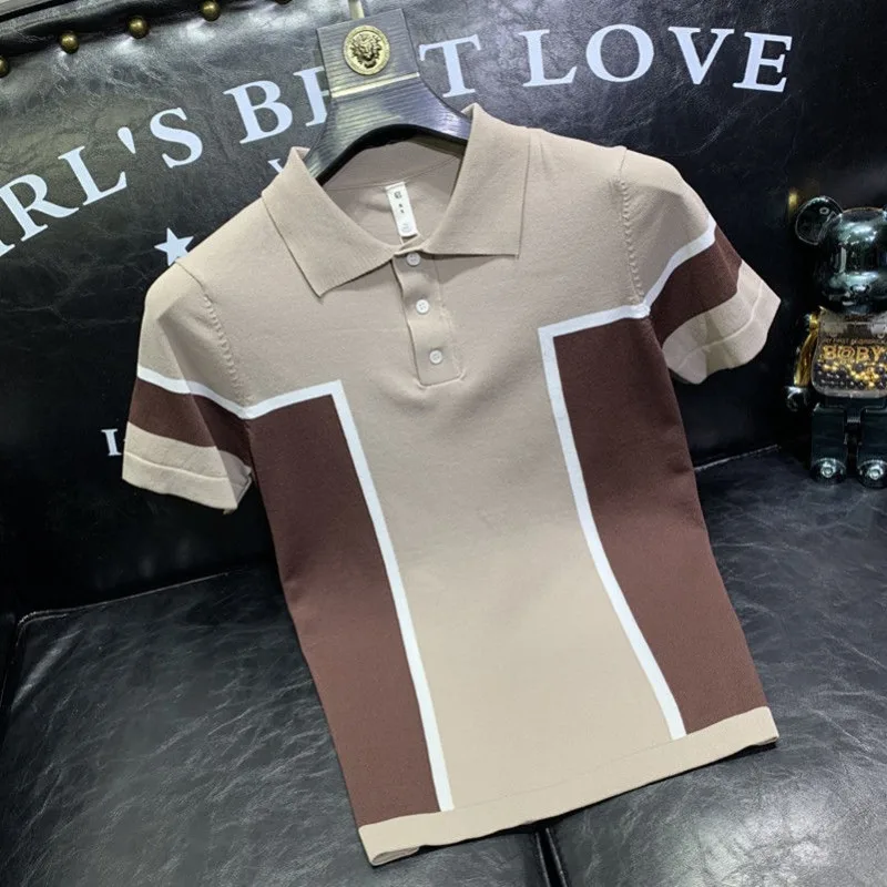 2024 Summer New Men's Colorblock Ice Silk Striped Short-sleeved Polo Shirt Men's High-end Slim-fit Summer Thin T-shirt