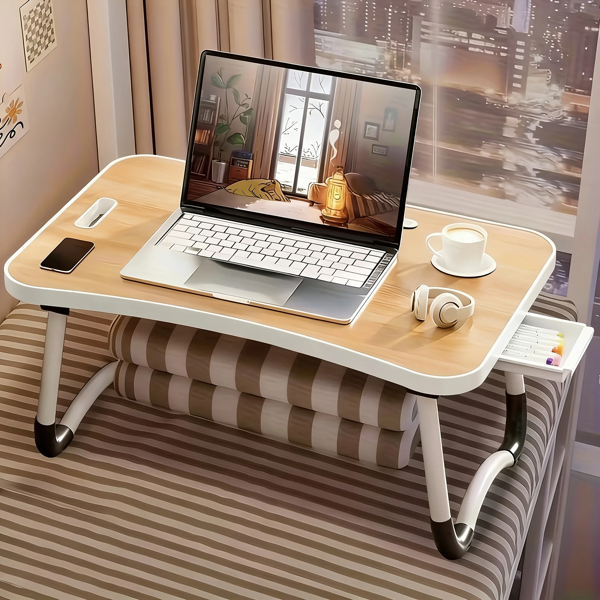 Portable Laptop Bed Table—Multifunctional Tray Stand with Cup Holder and Tablet Slot—Folding Table—Perfect for Eating, Reading