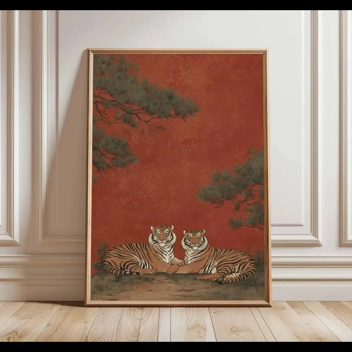 Japanese Tiger Poster Vintage Wildlife Art Print Red Oriental Wall Art Traditional Woodblock Style Zen Nature Home Decor