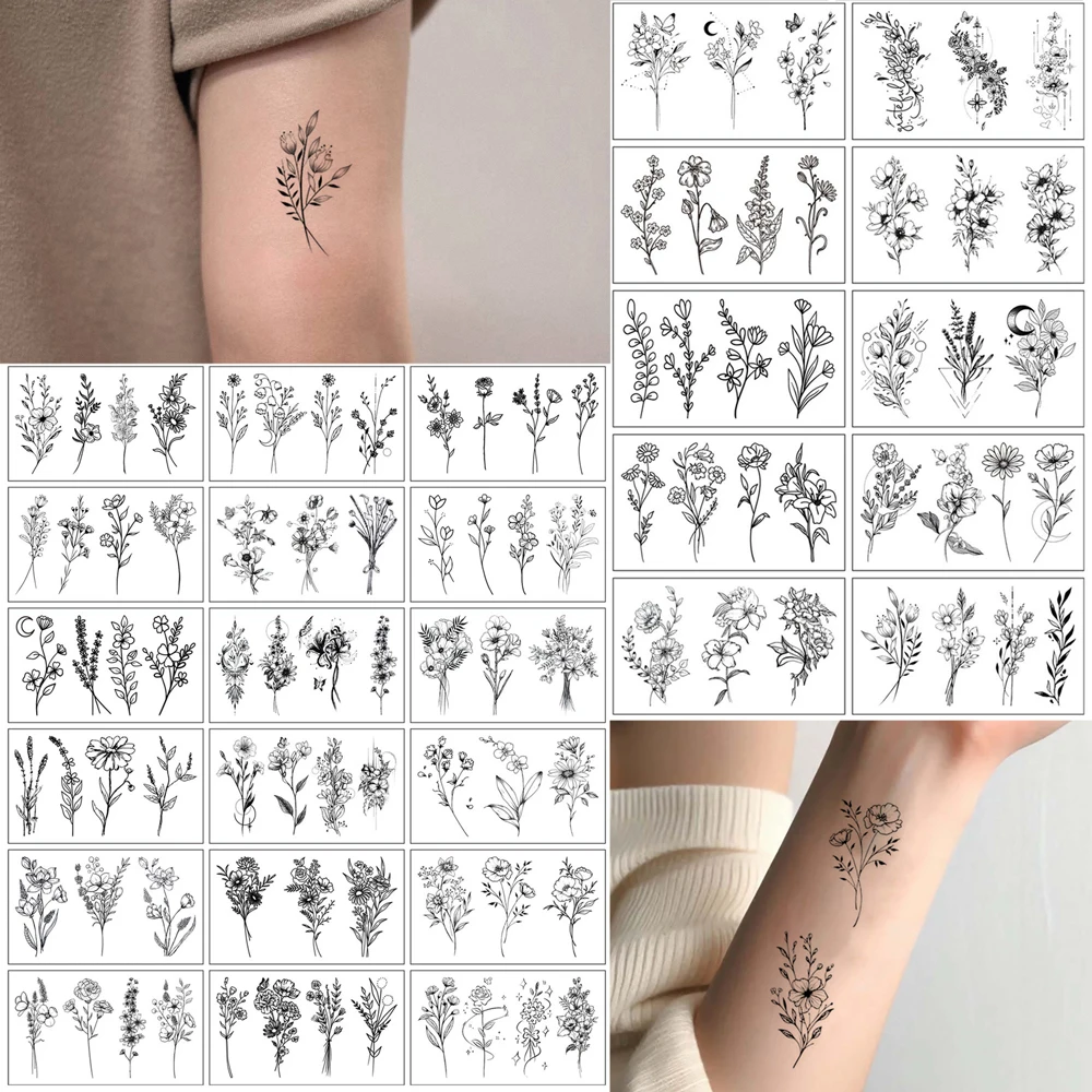 

30 шт. временных татуировок-наклеек с маленькими веточками и черными цветами для женщин, водостойкие фальшивые татуировки с растениями и лавандой для рук, шеи и тела
