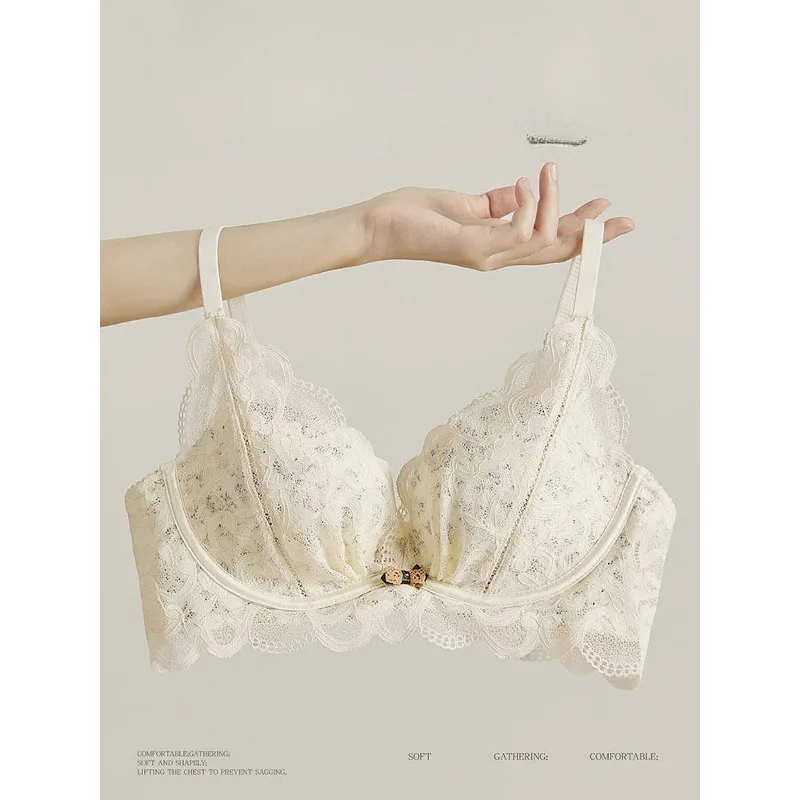 

Trending French Vintage Cream Floral Lace Bra Wireless Push Up Support Gentle Lift Casual Dating Young Ladies Underwear S-XL