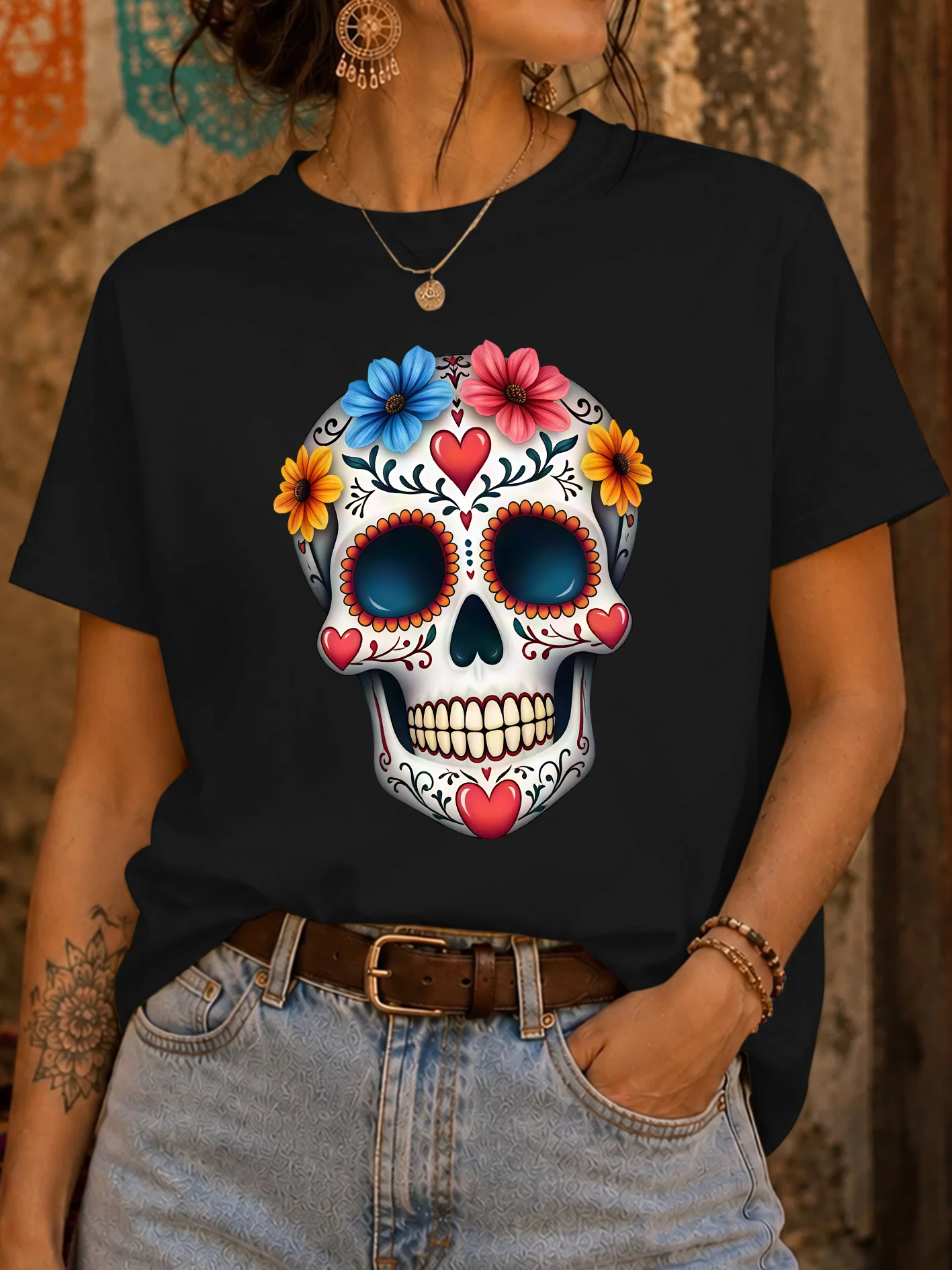 Floral Sugar Skull Heart Decor Womens Crew Neck Short Sleeve T Shirt Mexican Day Of The Dead Graphic Tees For Ladies Daily Wear