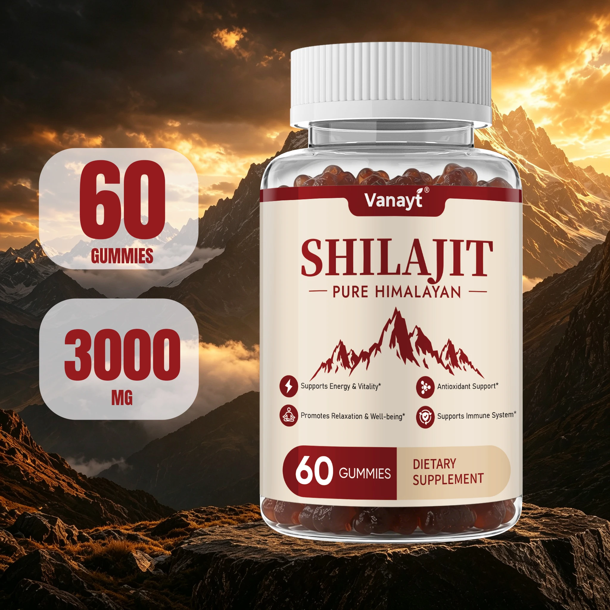 Vanayt Pure Himalayan Shilajit Gummies 3000mg Ashwagandha Ginger Herbal Supplement 60Pcs Support Energy Immunity Antioxidant
