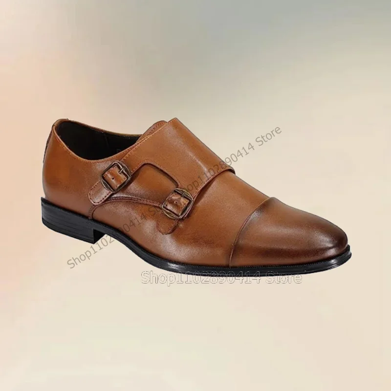

Brown Matte Leather Buckle Double Monk Men Shoes Fashion Slip On Male Shoes Luxury Handmade Party Feast Office Men Dress Shoes