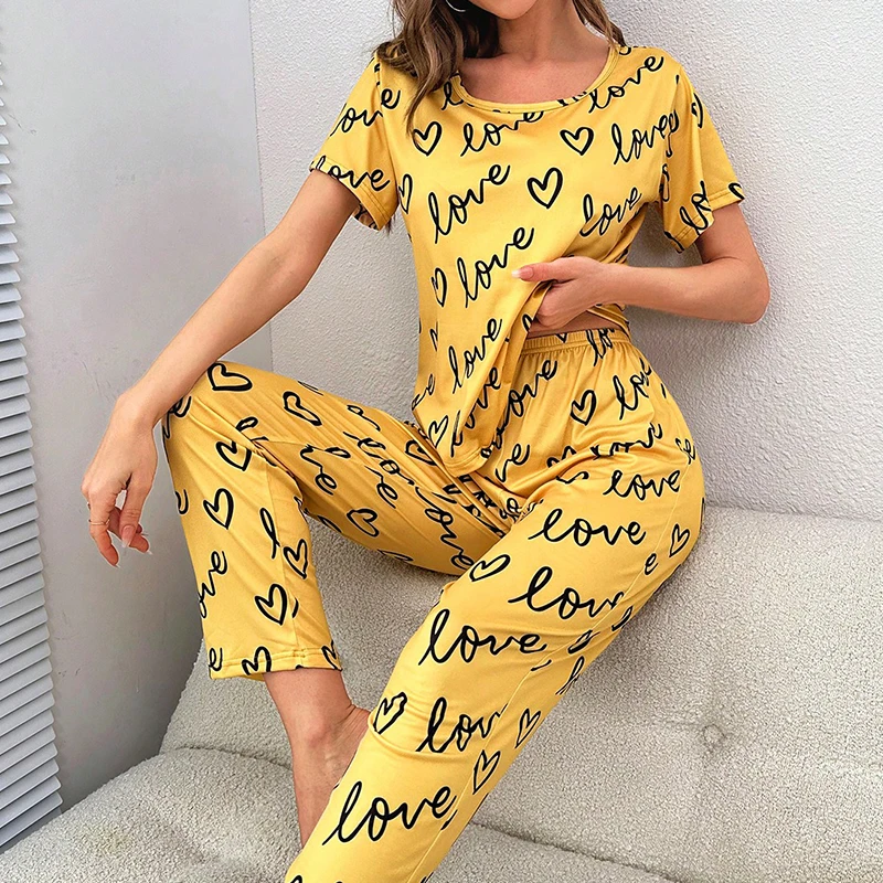 Women\'s Pajamas Set Cartoon Print Sleepwear Pj Short Sleeve Shirt And Long Pants Loungewear Pijama For Women Pyjamas Homewear