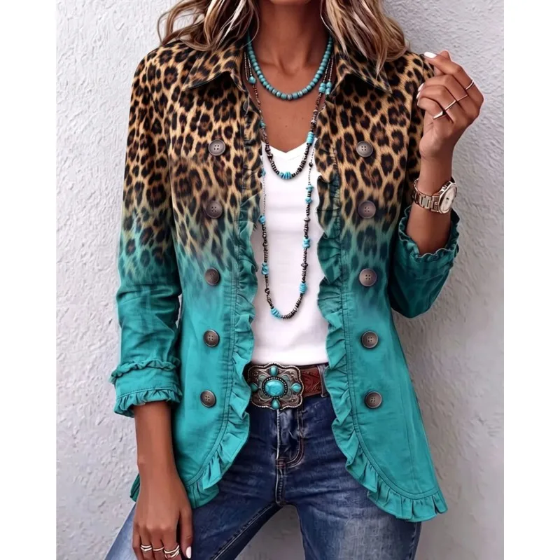 Women's Fashion Leopard Print Buttoned Cardigan Jacket Casual Foreign Style Long Sleeve Ruffled Tops Spring Autumn Coats Ladies