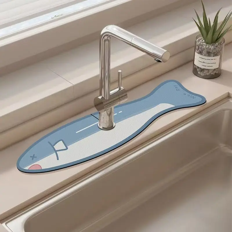 VIKAMA Cute Fish Shape Faucet Mat Super Absorbent Kitchen Sink Draining Pad Non Slip Counter Splash Guard